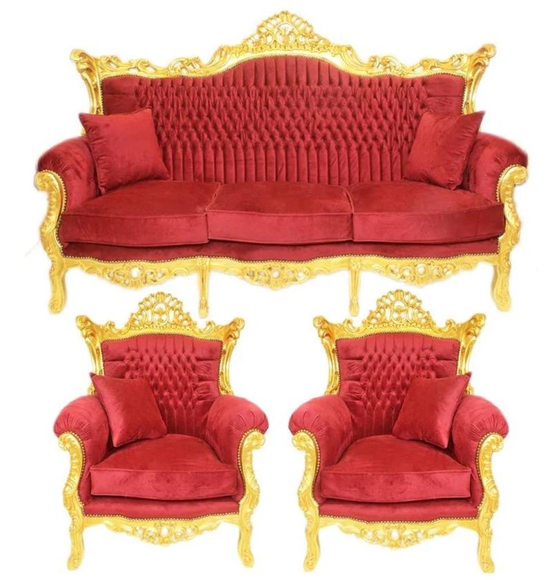 Casa Padrino Barock Wohnzimmer Set Bordeaux Samtstoff / Gold - 3er Sofa + 2 Sessel