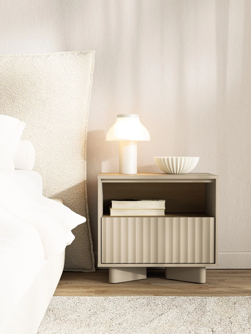 Nachttisch Distria mit Schublade und geriffelter Front 50 cm Kaschmir/Vicenza-Eiche