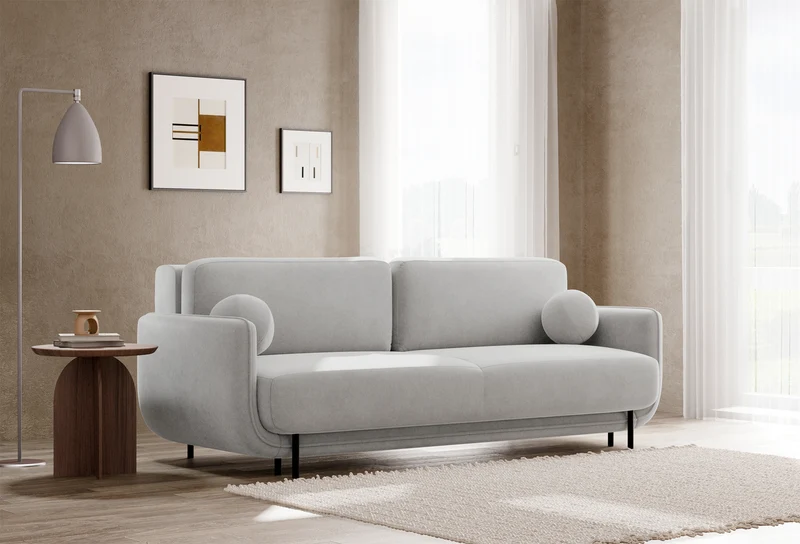 Dreisitziges ausklappbares Sofa Ovals in hellgrauem Samtstoff