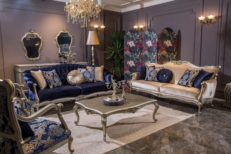 Casa Padrino Luxus Barock Sessel Blau / Silber 75 x 70 x H. 117 cm - Wohnzimmer Sessel mit elegantem Muster und dekorativem Kissen - Barock Möbel