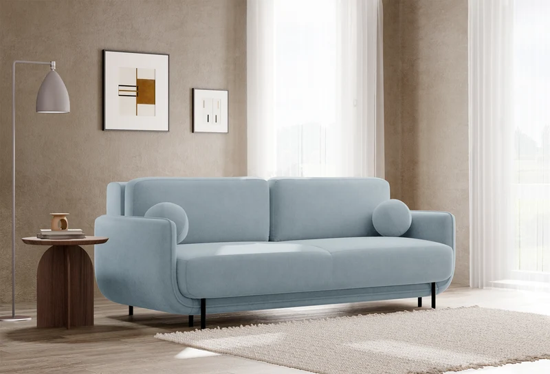 Dreisitziges ausklappbares Sofa Ovals, hellblauer Samt