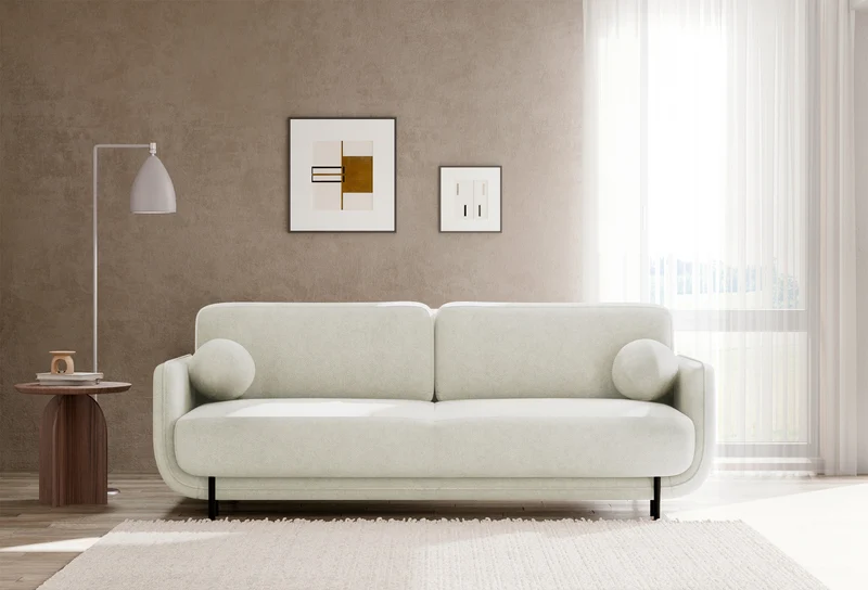 Dreisitziges ausklappbares Sofa Ovals in Creme mit Flechtoptik