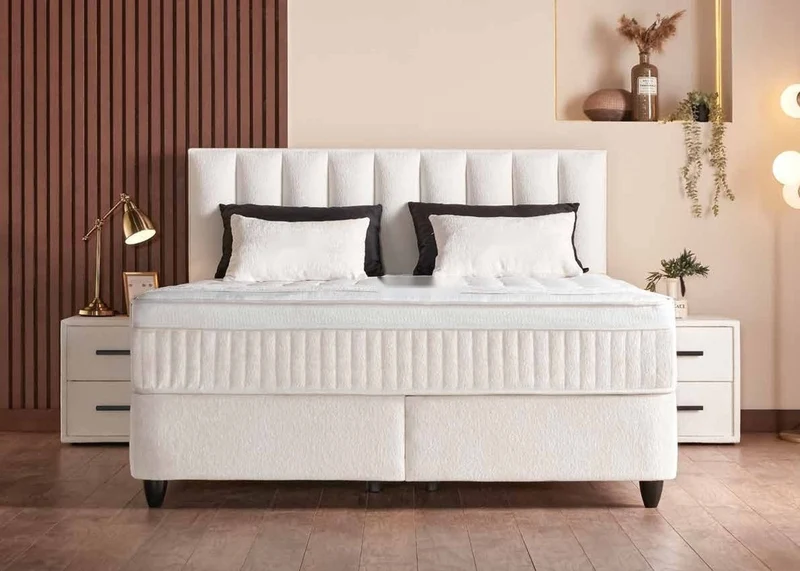 Casa Padrino Luxus Boxspringbett mit Kopfteil in Streifenoptik Creme 160 x 200 cm - Luxus Schlafzimmer Möbel