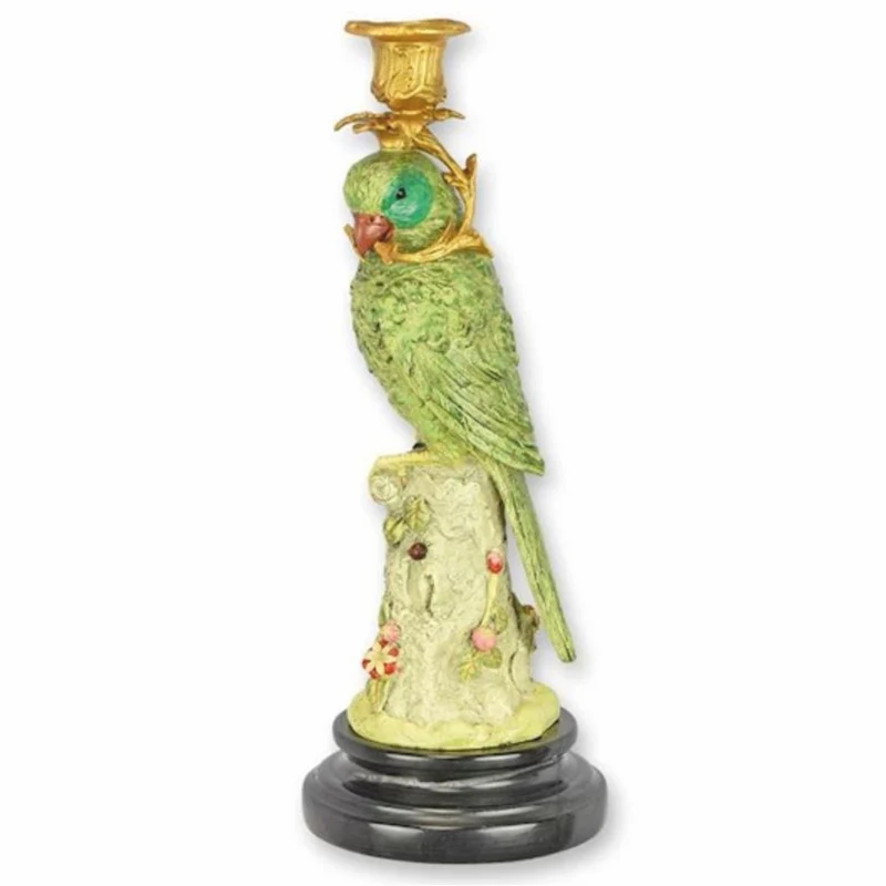 Casa Padrino Jugendstil Kerzenständer Papagei schaut nach links Grün / Gold / Schwarz H. 31 cm