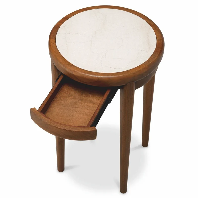 Casa Padrino Luxus Mahagoni Beistelltisch mit Marmorplatte und Schublade Braun / Beige H. 70 cm