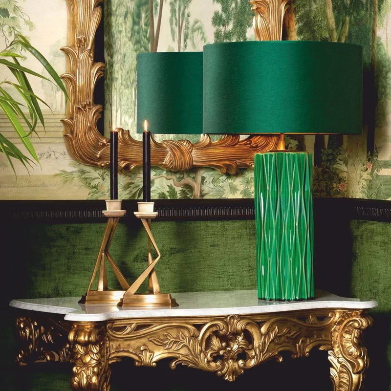 Casa Padrino Luxus Keramik Tischleuchte Grün / Antik Messing H. 88,5 cm
