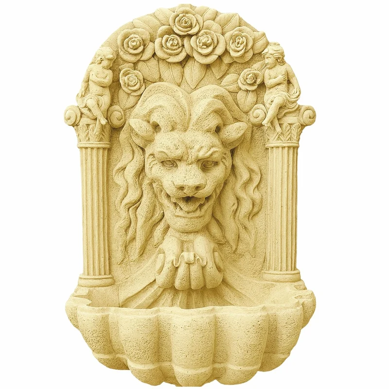 Casa Padrino Barock Wandbrunnen Löwe Sandfarben H. 97 cm - Garten Deko Brunnen