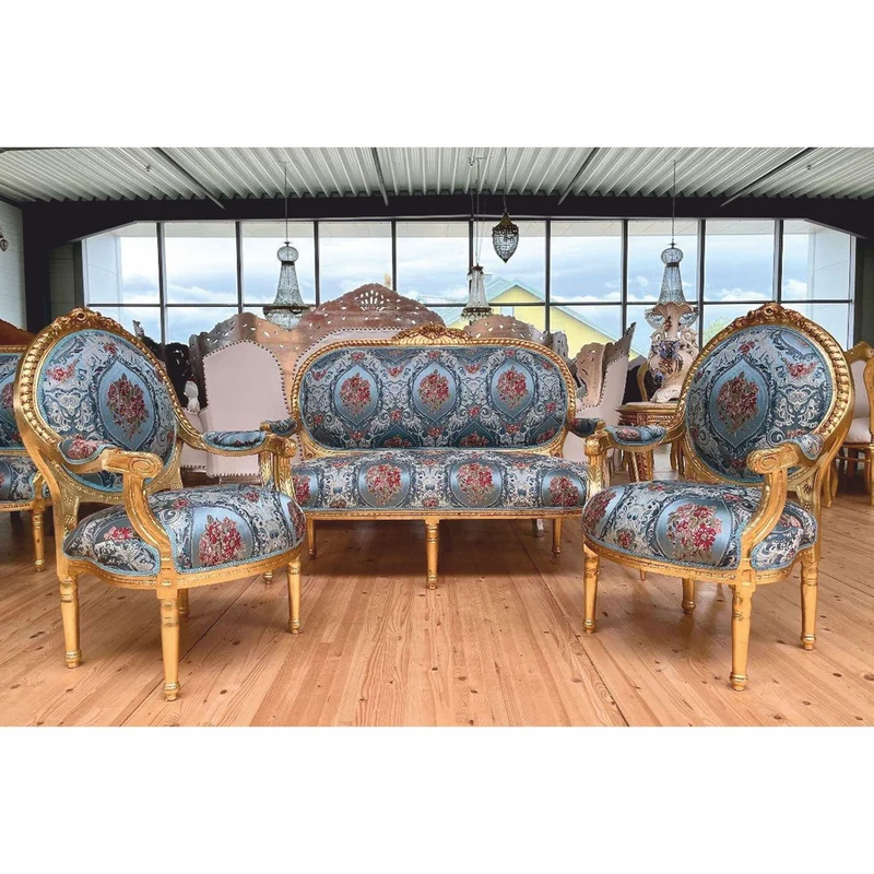Casa Padrino Barock Medaillon Salon Stuhl Hellblau / Bunt / Gold H. 100 cm - Barock Möbel