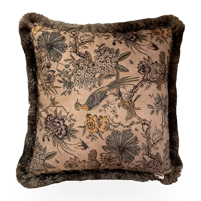 Casa Padrino Dekokissen Toile Voegel und Blueten Altrosa / Grau - Zierkissen mit Fuellung