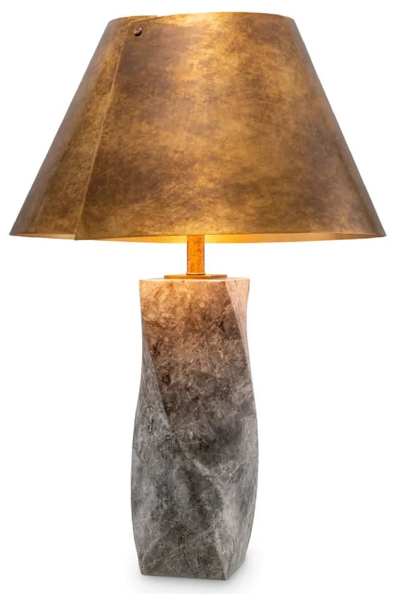 Casa Padrino Luxus Marmor Tischleuchte mit Metall Lampenschirm Grau / Antik Messing Ø 53 x H. 78 cm