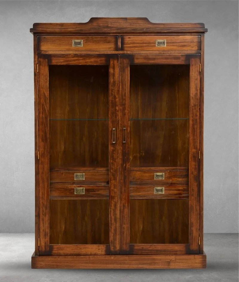 Casa Padrino Luxus Vintage Stil Vitrine Braun / Messing 120 x 37 x H. 171,5 cm - Massivholz Vitrinenschrank mit 2 Glastüren und 6 Schubladen - Massivholz Möbel - Vintage Stil Möbel - Luxus Möbel