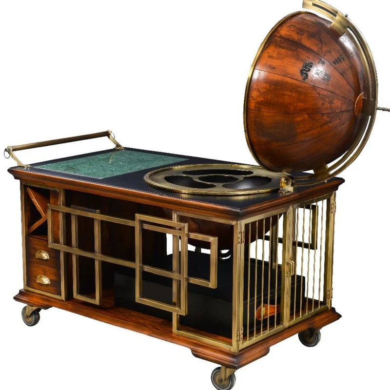 Casa Padrino Luxus Vintage Stil Servierwagen Braun / Schwarz / Messing / Grün 136 x 77 x H. 122 cm - Hotel Trolley mit Globus Weinflaschenhalter - Luxus Accessoires - Vintage Stil Accessoires