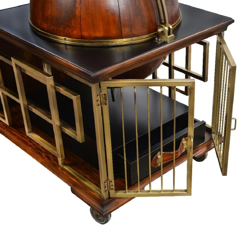 Casa Padrino Luxus Vintage Stil Servierwagen Braun / Schwarz / Messing / Grün 136 x 77 x H. 122 cm - Hotel Trolley mit Globus Weinflaschenhalter - Luxus Accessoires - Vintage Stil Accessoires