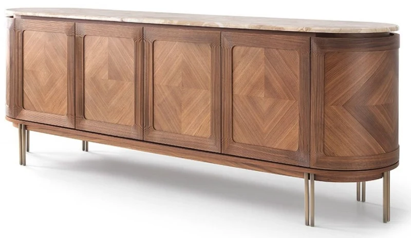 Casa Padrino Luxus Sideboard Braun / Beige / Messing 244 x 56 x H. 85 cm - Ovaler Massivholz Schrank mit 4 Türen und Marmorplatte - Esszimmer Möbel - Hotel Möbel - Luxus Möbel