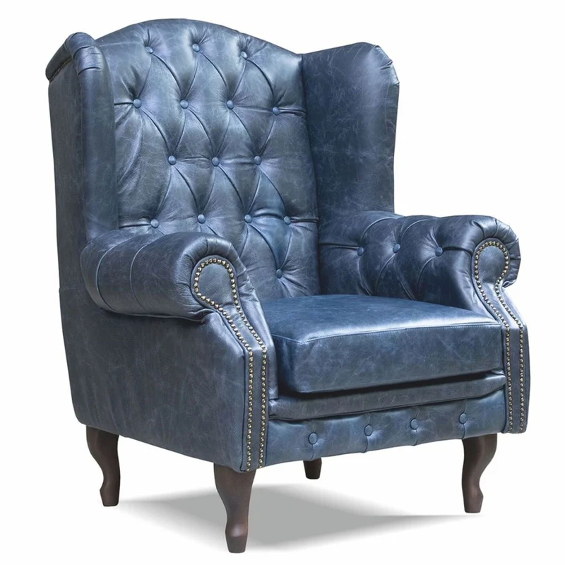 Casa Padrino Luxus Chesterfield Echtleder Ohrensessel Vintage Blau / Dunkelbraun