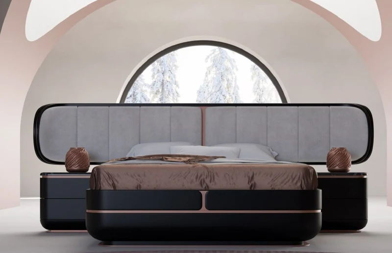 Casa Padrino Luxus Schlafzimmer Set Grau / Schwarz / Kupfer - 1 Doppelbett mit Kopfteil & 2 Nachtkommoden - Luxus Schlafzimmer Möbel - Luxus Schlafzimmer Einrichtung