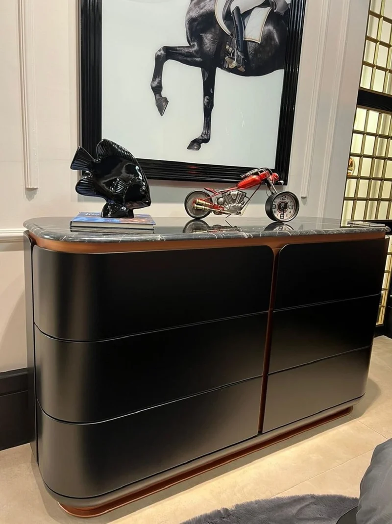 Casa Padrino Luxus Massivholz Kommode mit 6 Schubladen Schwarz / Kupfer 150 x 50 x H. 90 cm - Schlafzimmer Kommode - Schlafzimmer Möbel - Luxus Möbel - Luxus Einrichtung - Möbel Luxus