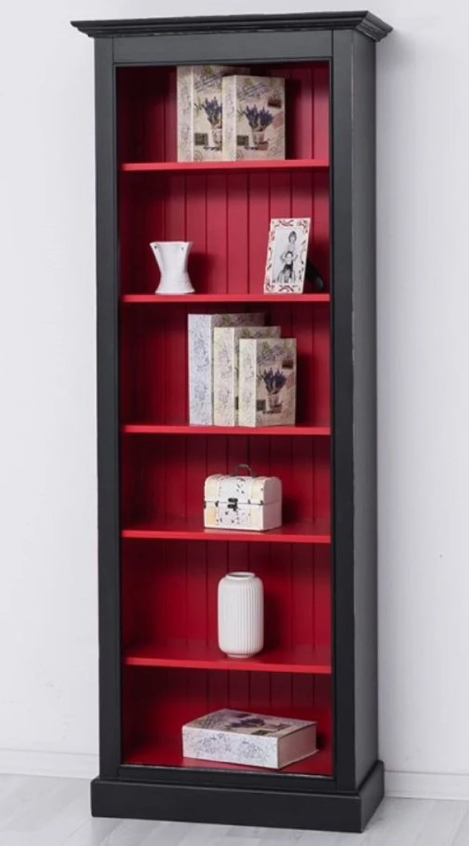 Casa Padrino Landhausstil Massivholz Bücherschrank Schwarz / Rot H. 210 cm - Landhausstil Möbel