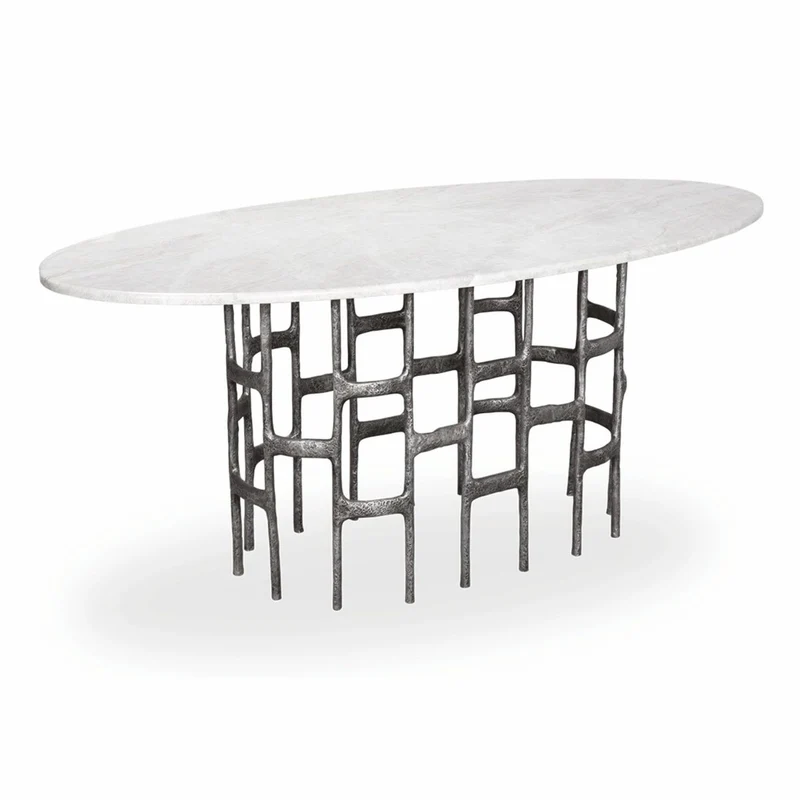 Casa Padrino Luxus Aluminium Esstisch mit Marmorplatte Weiß / Antik Silber 200 cm - Esszimmmer Möbel