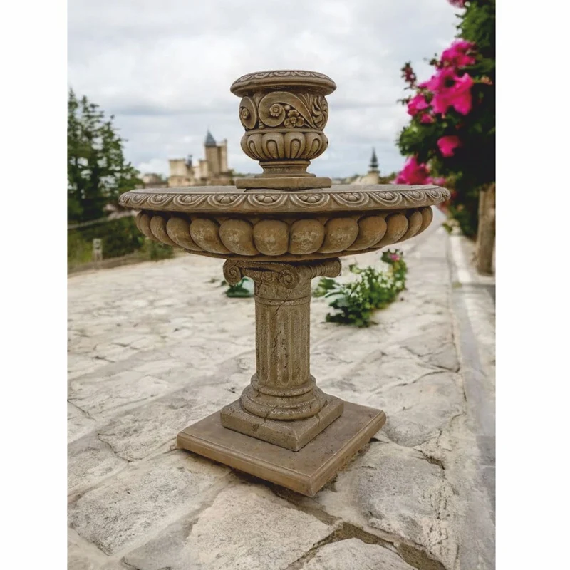 Casa Padrino Barock Springbrunnen mit Blumentopf Antik Beige H. 137 cm - Prunkvoller Gartenbrunnen