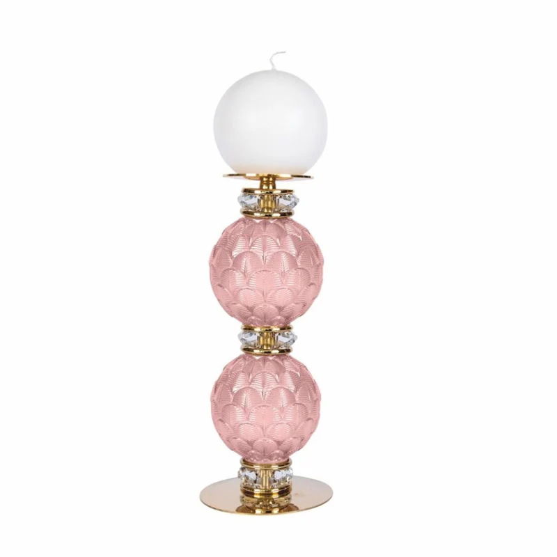 Casa Padrino Luxus Porzellan Kristall Kerzenhalter Rosa / Gold H. 30 cm - Made in Italy
