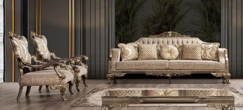 Casa Padrino Luxus Barock Wohnzimmer Set Grau / Beige / Silber / Gold - 2 Barock Sofas mit Muster & 2 Barock Sessel mit Muster & 1 Barock Couchtisch - Barock Wohnzimmer Möbel