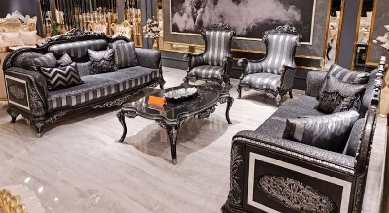 Casa Padrino Luxus Barock Wohnzimmer Set Grau / Schwarz / Silber - 2 Barock Sofas & 2 Barock Sessel & 1 Barock Couchtisch - Barock Wohnzimmer Möbel
