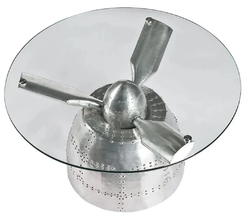 Casa Padrino Luxus Couchtisch Flugzeug Propeller Silber Ø 90 x H. 51 cm - Runder Aluminium Wohnzimmertisch mit Glasplatte - Aluminium Flugzeug Flieger Möbel - Wohnzimmer Möbel - Luxus Möbel