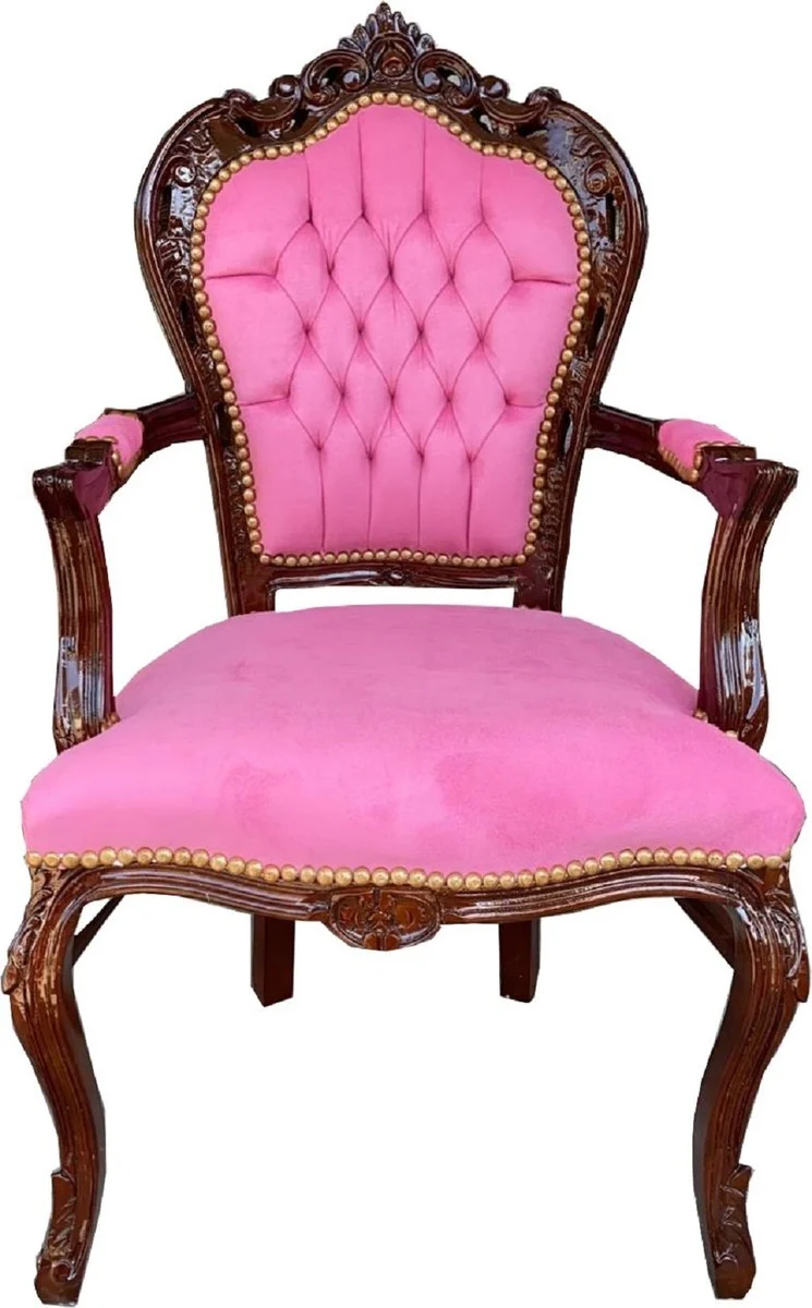 Casa Padrino Barock Esszimmerstuhl mit Armlehnen Rosa / Braun 53 x 57 x H. 108 cm - Handgefertigter Antik Stil Massivholz Stuhl mit edlem Samtstoff - Barock Esszimmer Möbel