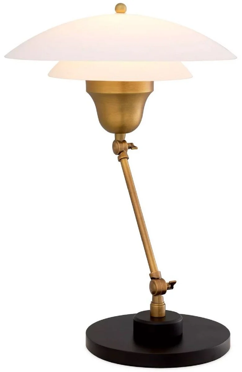 Casa Padrino Luxus Tischleuchte Antik Messing / Schwarz / Weiß Ø 42 x H. 55 cm - Verstellbare Schreibtschleuchte mit rundem Glas Lampenschirm - Luxus Leuchten - Luxus Möbel - Luxus Interior