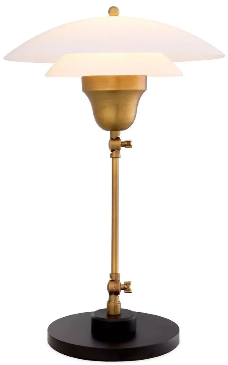 Casa Padrino Luxus Tischleuchte Antik Messing / Schwarz / Weiß Ø 42 x H. 55 cm - Verstellbare Schreibtschleuchte mit rundem Glas Lampenschirm - Luxus Leuchten - Luxus Möbel - Luxus Interior