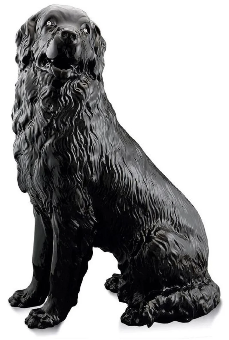 Casa Padrino Luxus Keramik Deko Figur Hund Schwarz 67 x 46 x H. 94 cm - Handgefertigte Keramik Skulptur mit Swarovski Kristallglas Augen - Keramik Tierfigur - Luxus Deko Figuren - Deko Skulpturen