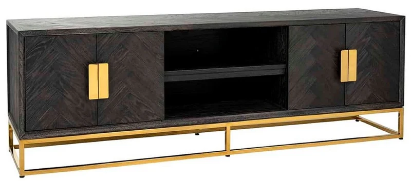 Casa Padrino Luxus TV Schrank Schwarz / Gold 185 x 42,5 x H. 60 cm - Massivholz Sideboard mit 4 Türen - Wohnzimmer Möbel - Hotel Möbel - Luxus Kollektion