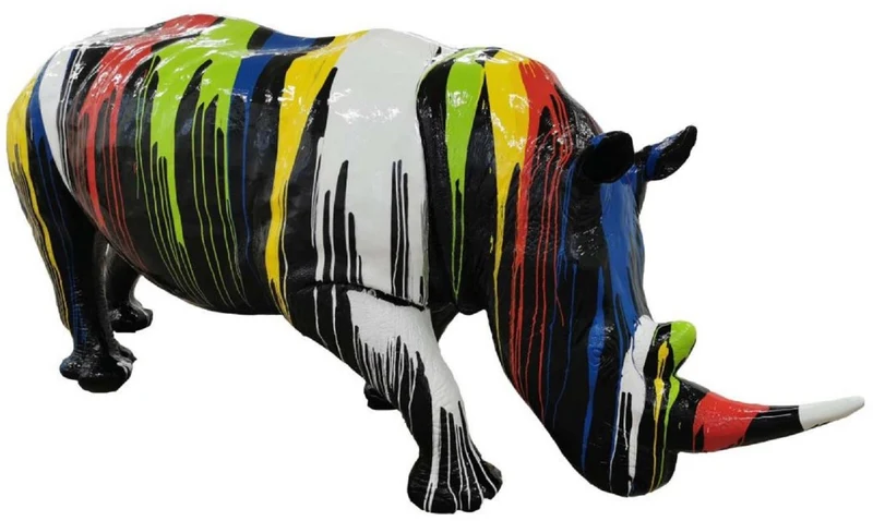 Casa Padrino Luxus Deko Skulptur Nashorn Schwarz / Mehrfarbig 320 x H. 180 cm - Riesige Gartenskulptur - Lebensgroße Skulptur - XXL Deko Skulptur - XXL Deko Figur - XXL Tierfigur - Garten Deko