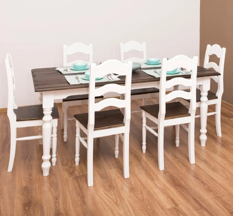 Casa Padrino Landhausstil Esszimmer Möbel Set Weiß / Dunkelbraun - 1 Landhausstil Esstisch & 6 Landhausstil Esszimmerstühle - Massivholz Esszimmer Möbel - Landhausstil Esszimmer Möbel