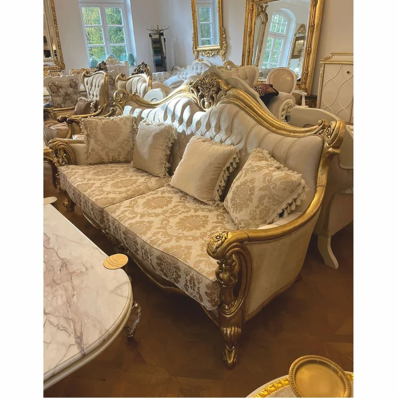 Casa Padrino Luxus Barock Wohnzimmer Sofa Creme / Gold 220 cm - Barock Möbel