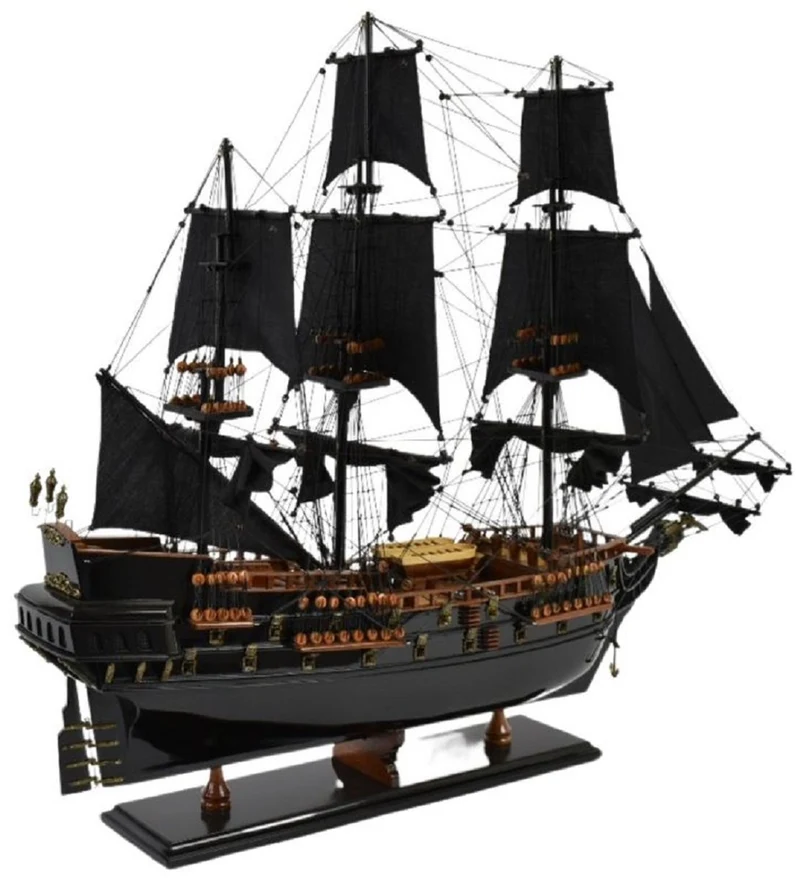 Casa Padrino Luxus Piratenschiff Black Pearl Schwarz / Braun 87 x 27 x H. 73 cm - Handgefertigtes Deko Schiff - Holzschiff - Segelschiff - Kriegsschiff - Modellschiff - Deko Accessoires