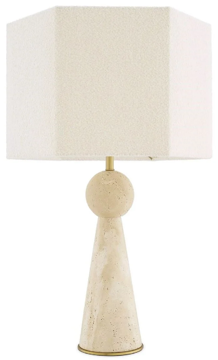 Casa Padrino Luxus Tischleuchte Beige / Antik Messing / Creme 40 x 40 x H. 78,5 cm - Travertin Schreibtischleuchte mit sechseckigem Lampenschirm - Luxus Tischleuchten - Luxus Schreibtischleuchten