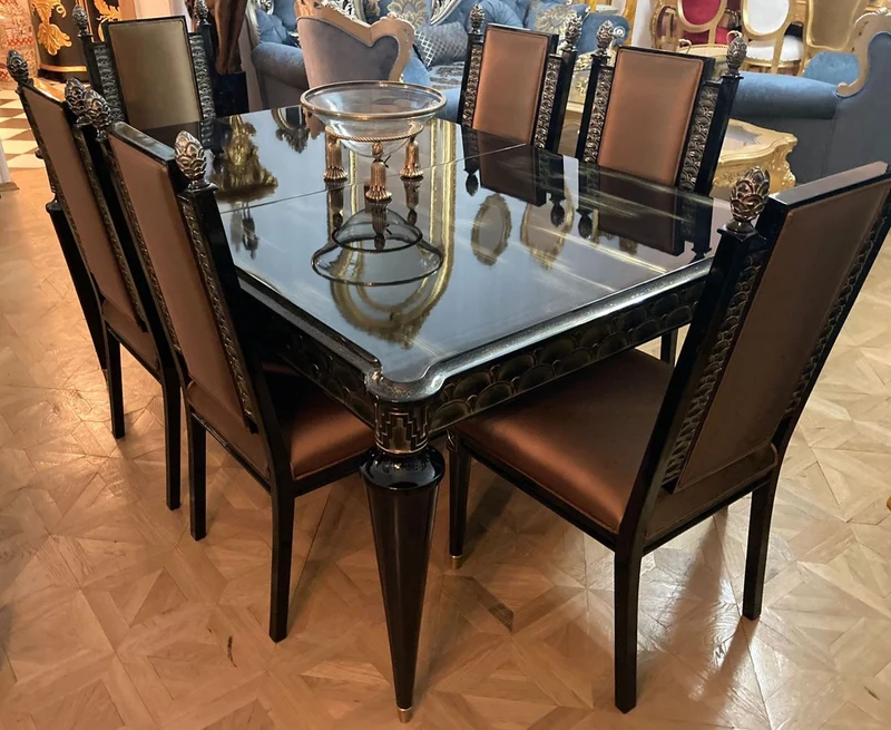 Casa Padrino Luxus Barock Esszimmer Set Gold / Schwarz - 1 ausziehbarer Barock Esstisch & 6 Barock Esszimmerstühle - Barock Esszimmer Möbel - Luxus Möbel im Barockstil - Edel & Prunkvoll