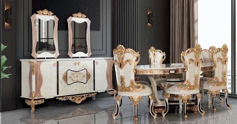 Casa Padrino Luxus Barock Esszimmer Set Creme / Weiß / Gold - 1 Barock Esstisch & 6 Barock Esszimmerstühle - Barock Esszimmer Möbel - Luxus Möbel im Barockstil - Edel & Prunkvoll
