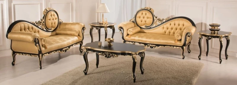 Casa Padrino Luxus Barock Wohnzimmer Set Gold / Schwarz - 2 Sofas & 1 Couchtisch & 2 Beistelltische - Wohnzimmermöbel im Barockstil - Edle Barock Möbel