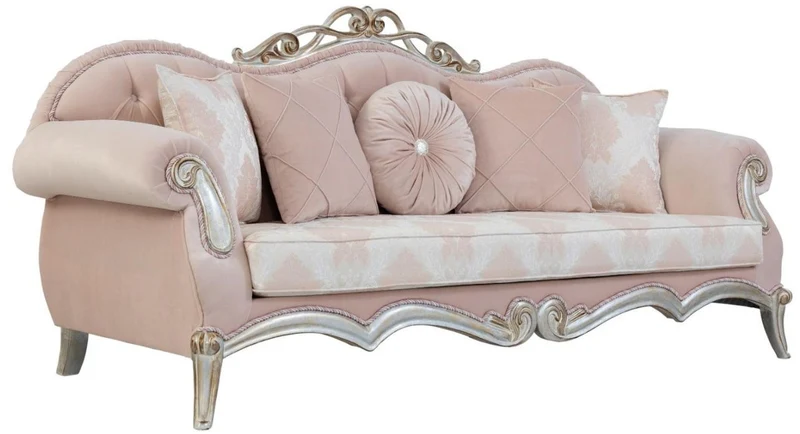 Casa Padrino Luxus Barock Wohnzimmer Sofa mit dekorativen Kissen Rosa / Silber / Gold 230 x 90 x H. 105 cm - Prunkvolle Möbel im Barockstil