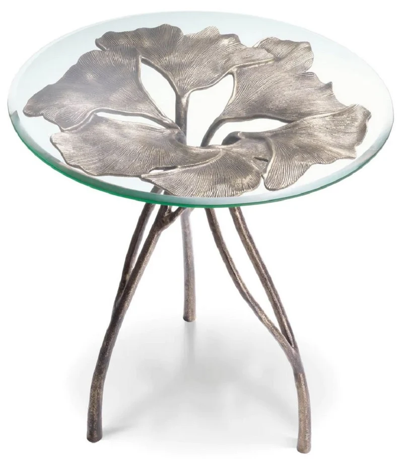 Casa Padrino Luxus Beistelltisch Vintage Messing Ø 58 x H. 56,5 cm - Runder Aluminium Tisch mit Glasplatte - Luxus Möbel - Wohnzimmer Möbel - Hotel Möbel - Luxus Einrichtung