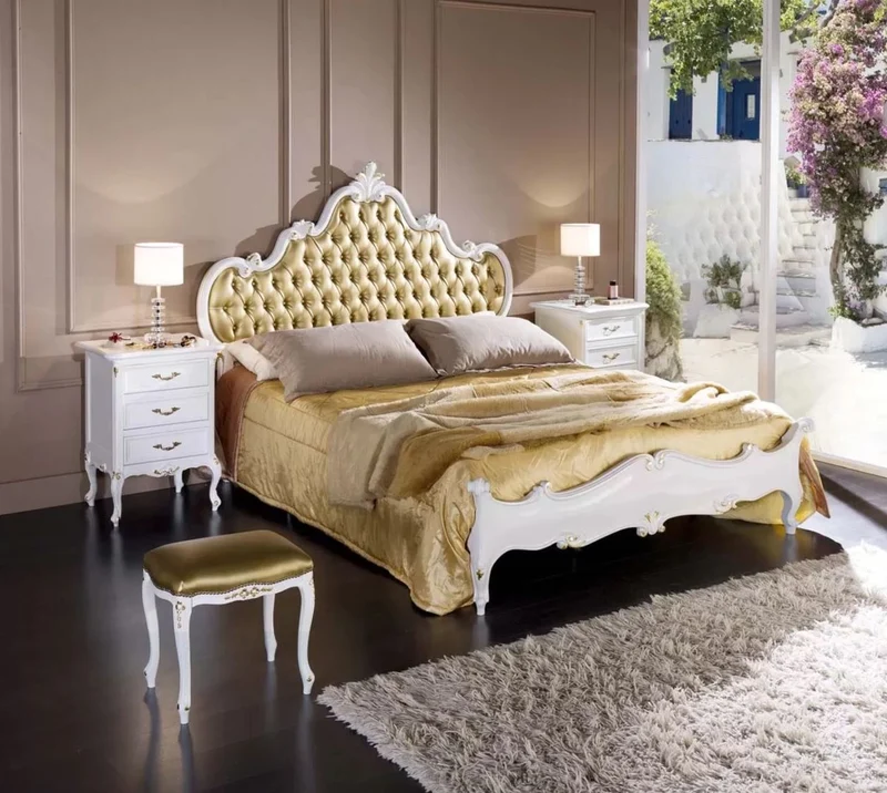 Casa Padrino Luxus Barock Doppelbett Gold / Weiß - Prunkvolles Massivholz Bett - Barock Schlafzimmer Möbel - Luxus Qualität - Made in Italy