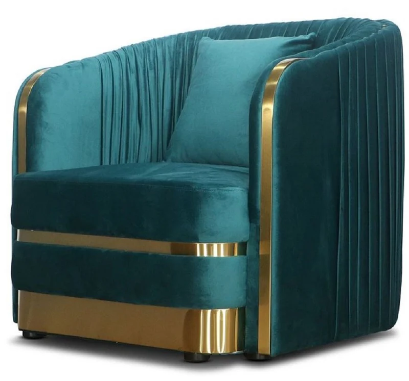 Casa Padrino Art Deco Samt Sessel Grünblau / Gold 80 x 78 x H. 80 cm - Wohnzimmer Sessel - Art Deco Wohnzimmer Möbel