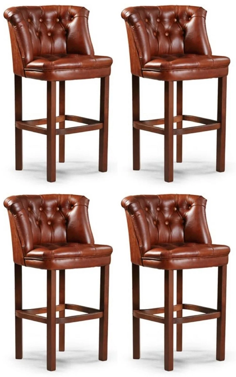 Casa Padrino Luxus Chesterfield Leder Barstuhl 4er Set Braun 63 x 56 x H. 107 cm - Gepolsterte Echtleder Barhocker - Chesterfield Möbel - Chesterfield Barmöbel - Luxus Barmöbel - Echtleder Barmöbel