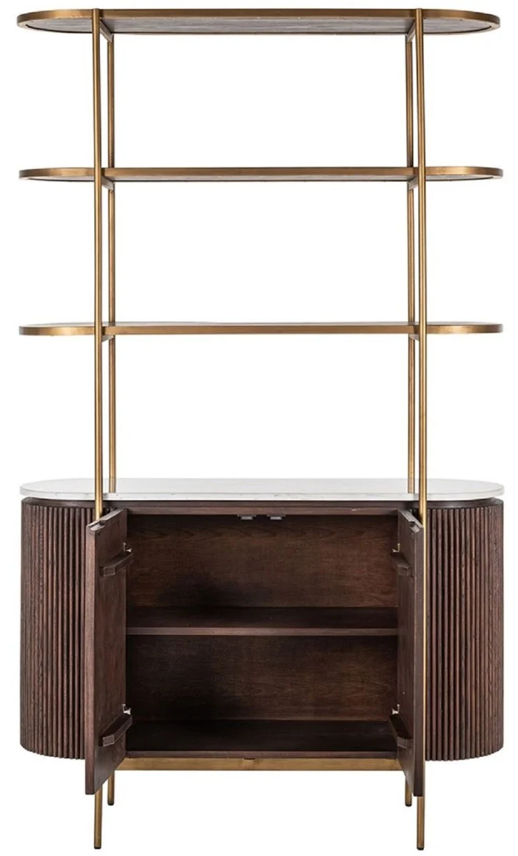 Casa Padrino Luxus Regalschrank Dunkelbraun / Weiß / Messing 120 x 40 x H. 200 cm - Wohnzimmer Möbel - Wohnzimmer Einrichtung - Luxus Möbel - Luxus Einrichtung - Möbel Luxus
