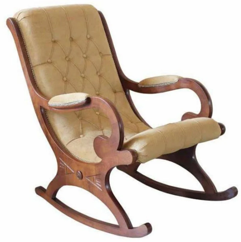 Casa Padrino Luxus Jugendstil Echtleder Schaukelsessel Beige / Braun - Handgefertigter Schaukelstuhl mit Armlehnen - Barock & Jugendstil Leder Wohnzimmer & Büro Möbel - Made in Italy
