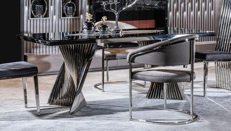 Casa Padrino Luxus Esstisch Schwarz / Silber 200 x 100 x H. 76 cm - Rechteckiger Esszimmertisch mit Glasplatte - Esszimmer Möbel - Luxus Möbel - Luxus Esszimmer Einrichtung