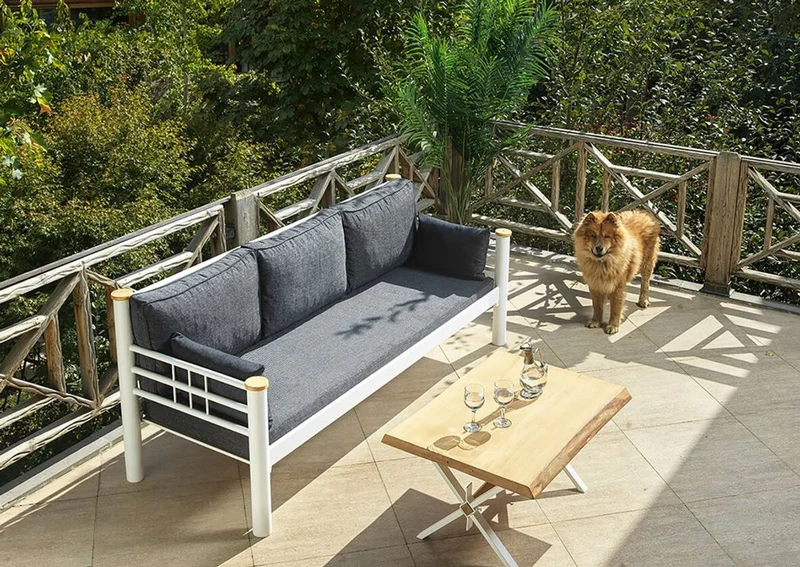 Casa Padrino Jugendstil Gartensofa Anthrazit / Weiß / Naturfarben 200 x 70 x H. 85 cm - Metall Garten Sofa mit Kissen - Terrassen Sofa - Garten Möbel - Terrassen Möbel - Jugendstil Möbel